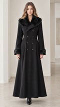 Full-length front view of women's black double-breasted maxi coat with plush faux-fur collar and cuffs