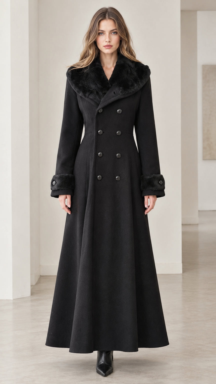 Full-length front view of women's black double-breasted maxi coat with plush faux-fur collar and cuffs