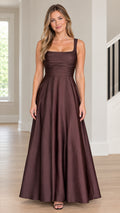 Model wearing chocolate brown square neck pleated bodice satin A-line maxi dress front view