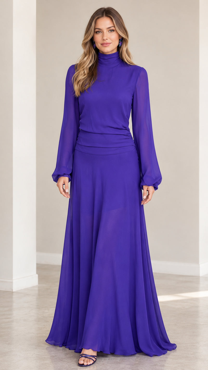 Royal blue high neck long sleeve maxi dress front view on model