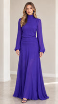 Royal blue high neck long sleeve maxi dress front view on model