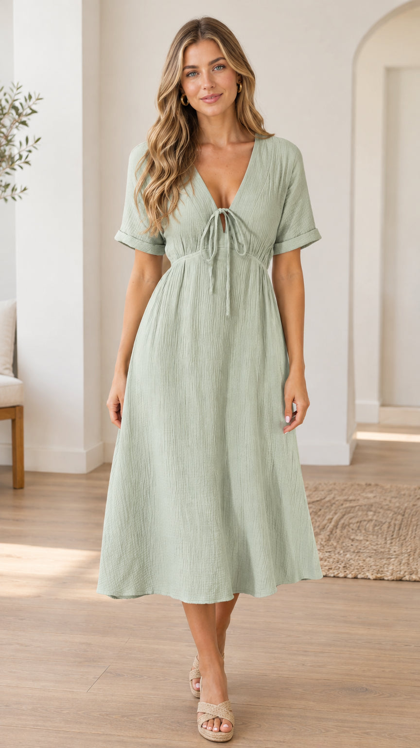 Front full-length view of woman wearing a sage green textured V-neck midi dress with front tie