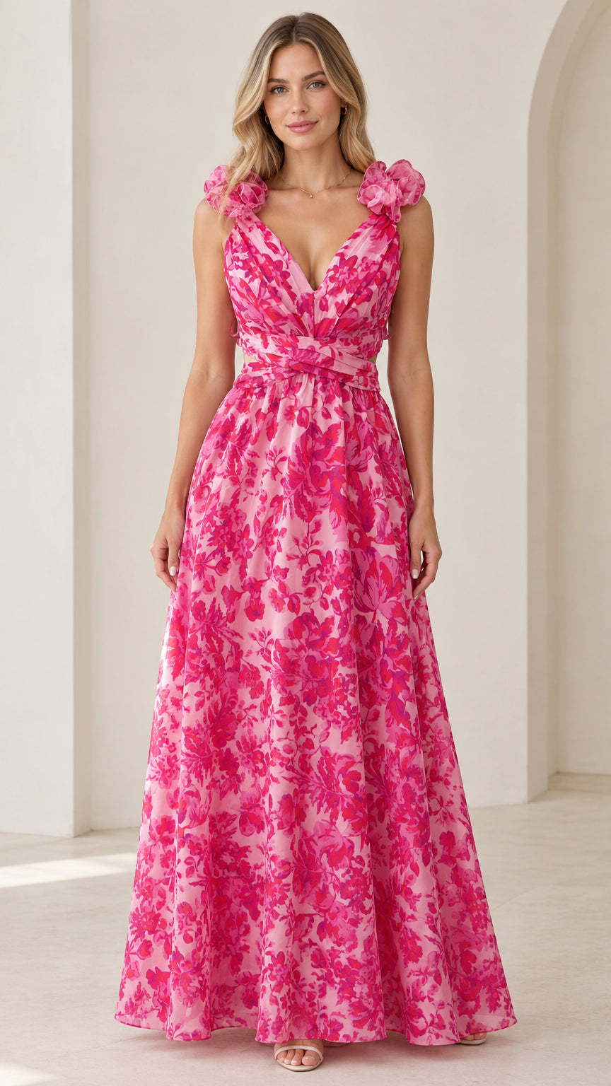 Front view of model wearing fuchsia floral ruffle shoulder maxi dress