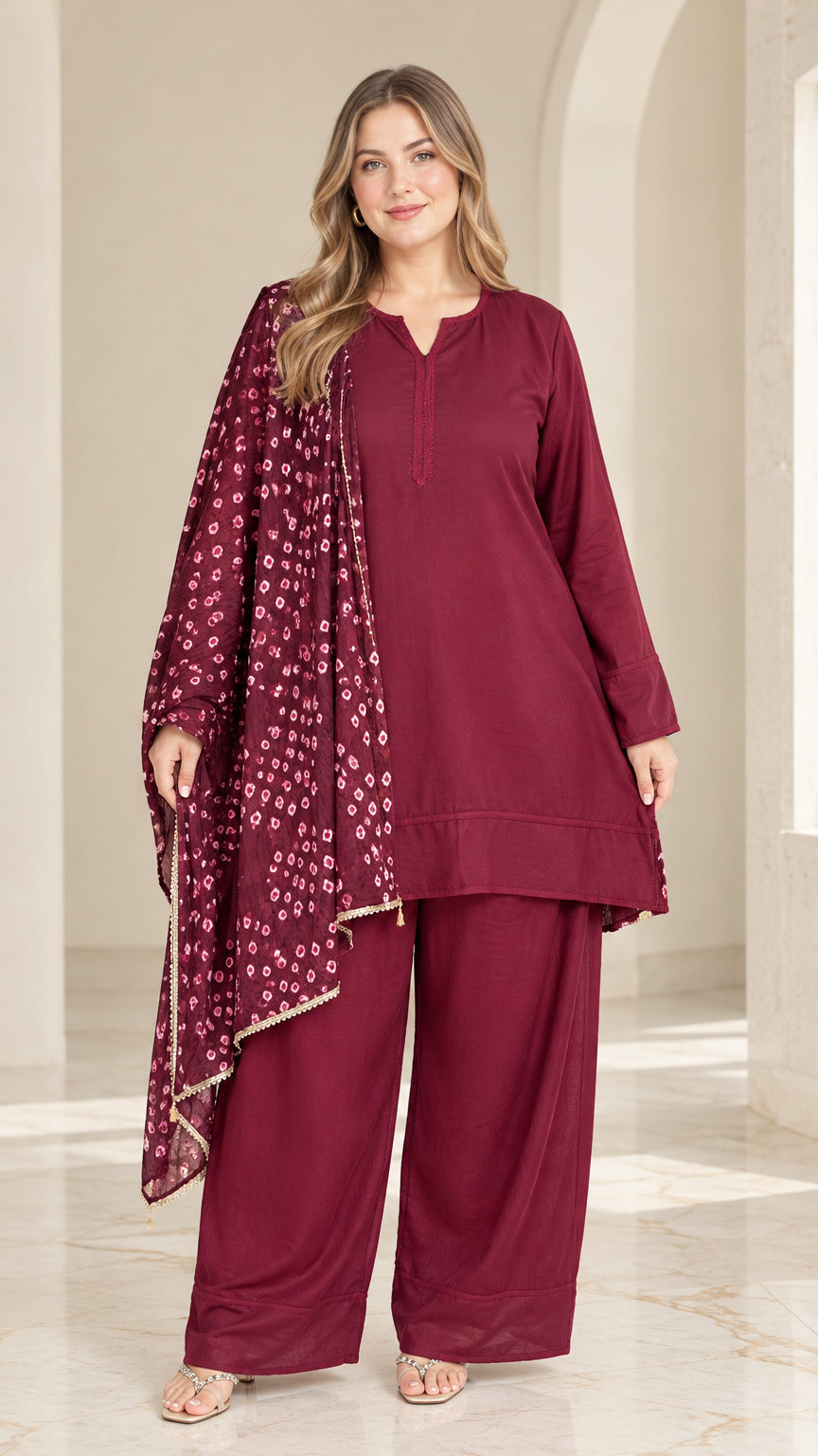Front full view of woman wearing burgundy 3-piece tunic top, wide-leg pants, and patterned scarf set