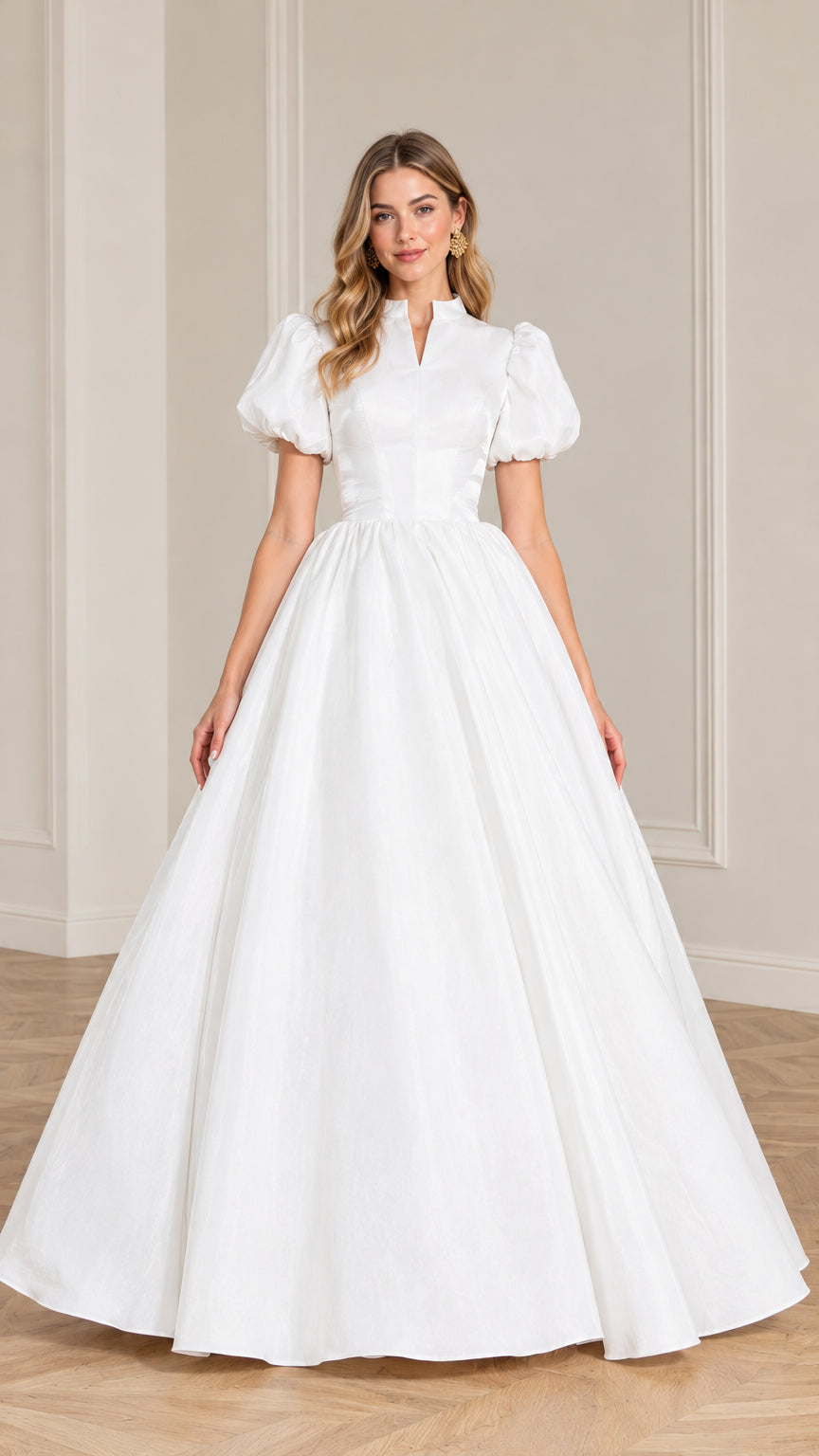 Full front view of a woman wearing a white split neck puff sleeve ball gown maxi dress