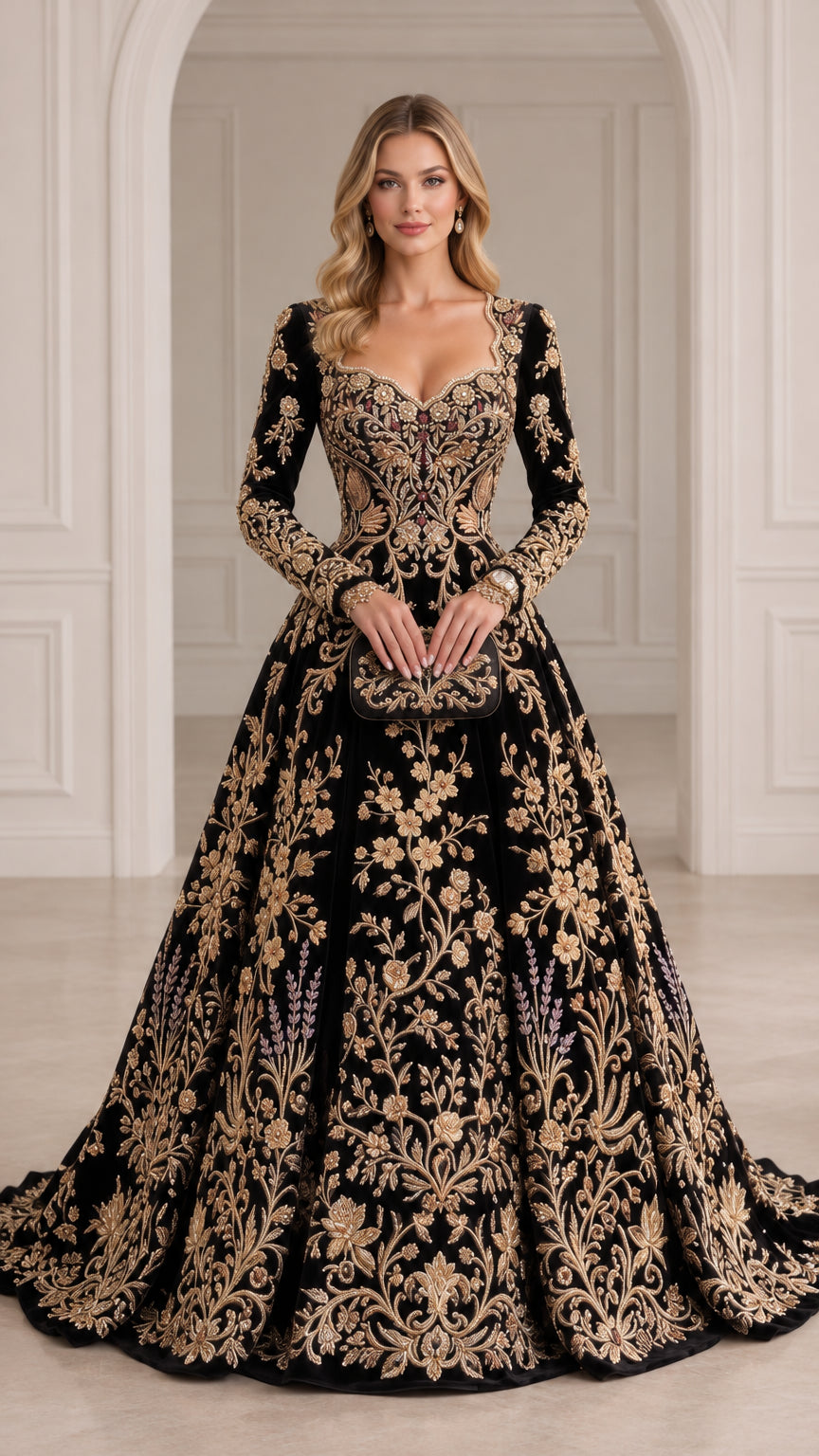 Front view of black long sleeve formal evening gown with gold floral embroidery
