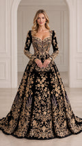 Front view of black long sleeve formal evening gown with gold floral embroidery