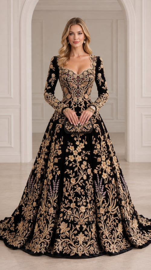 Front view of black long sleeve formal evening gown with gold floral embroidery