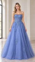 Full front view of blue strapless corset ballgown with floral lace and tulle skirt