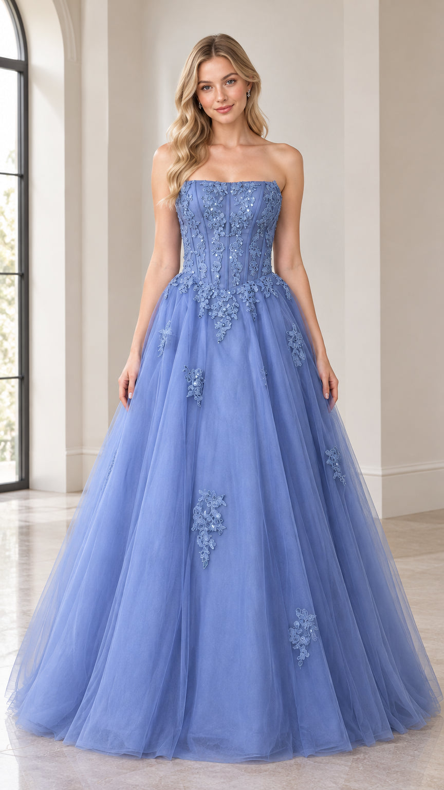 Full front view of blue strapless corset ballgown with floral lace and tulle skirt