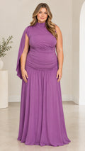 Front view of model wearing purple one-shoulder cape ruched bodice maxi evening dress