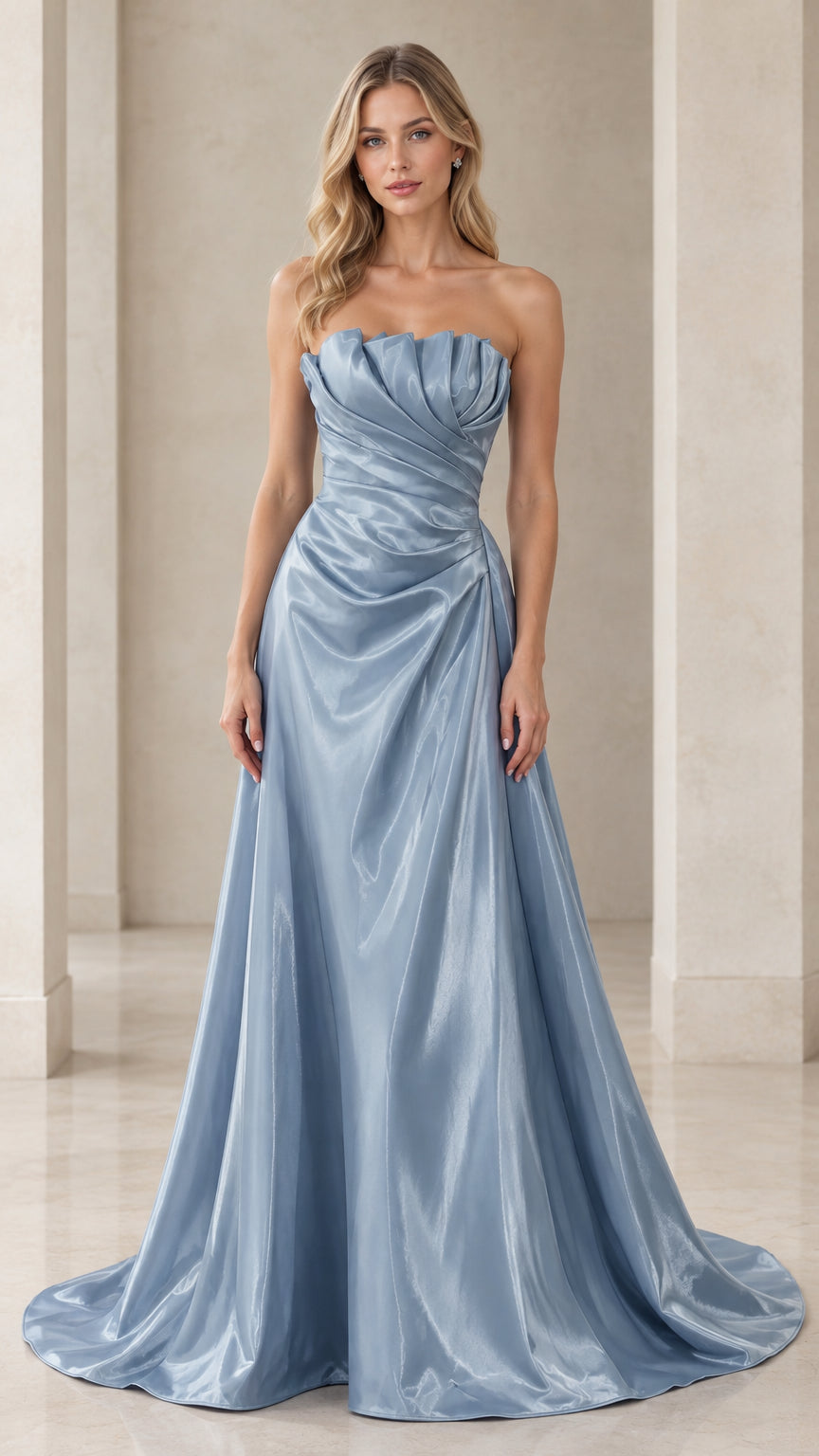Front full-length view of woman wearing dusty blue strapless pleated satin evening gown