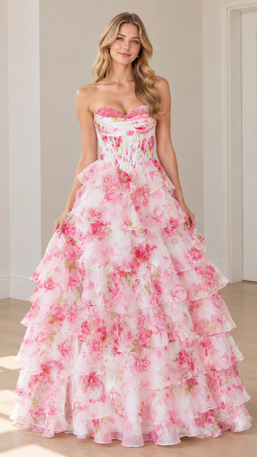 Strapless pink floral print tiered corset ball gown front view