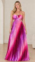 Front view of model wearing magenta ombre halter pleated cutout maxi dress