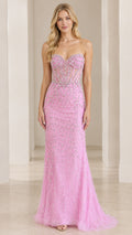 Front full view of woman wearing pink strapless beaded corset evening gown