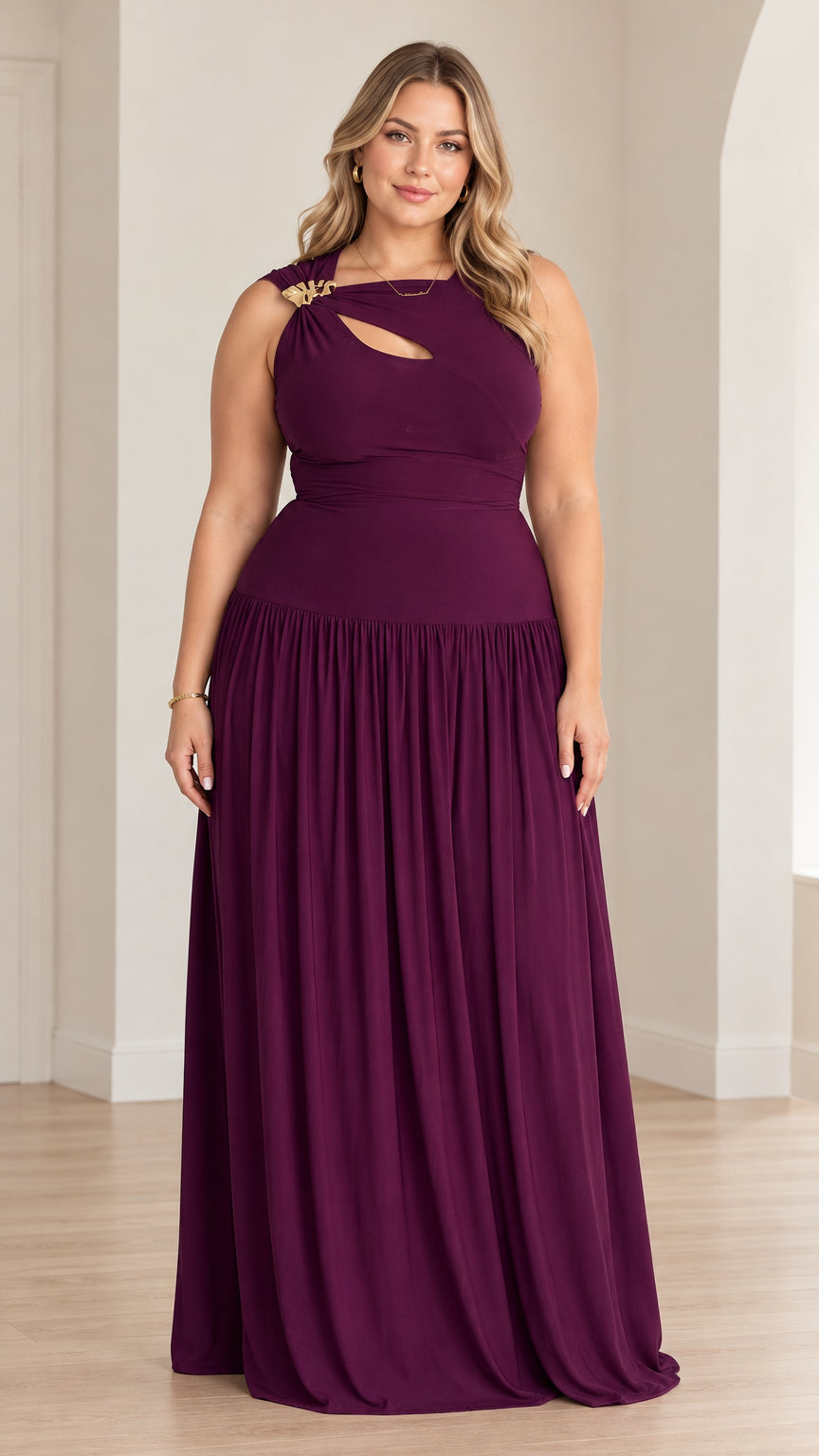 Full-length front view of model wearing plum sleeveless cutout accent maxi dress