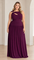 Full-length front view of model wearing plum sleeveless cutout accent maxi dress