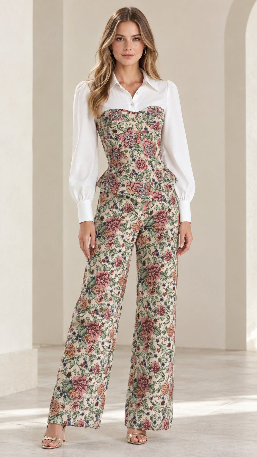 Full front view of model wearing beige floral jacquard corset shirt and wide-leg pant set