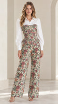 Full front view of model wearing beige floral jacquard corset shirt and wide-leg pant set