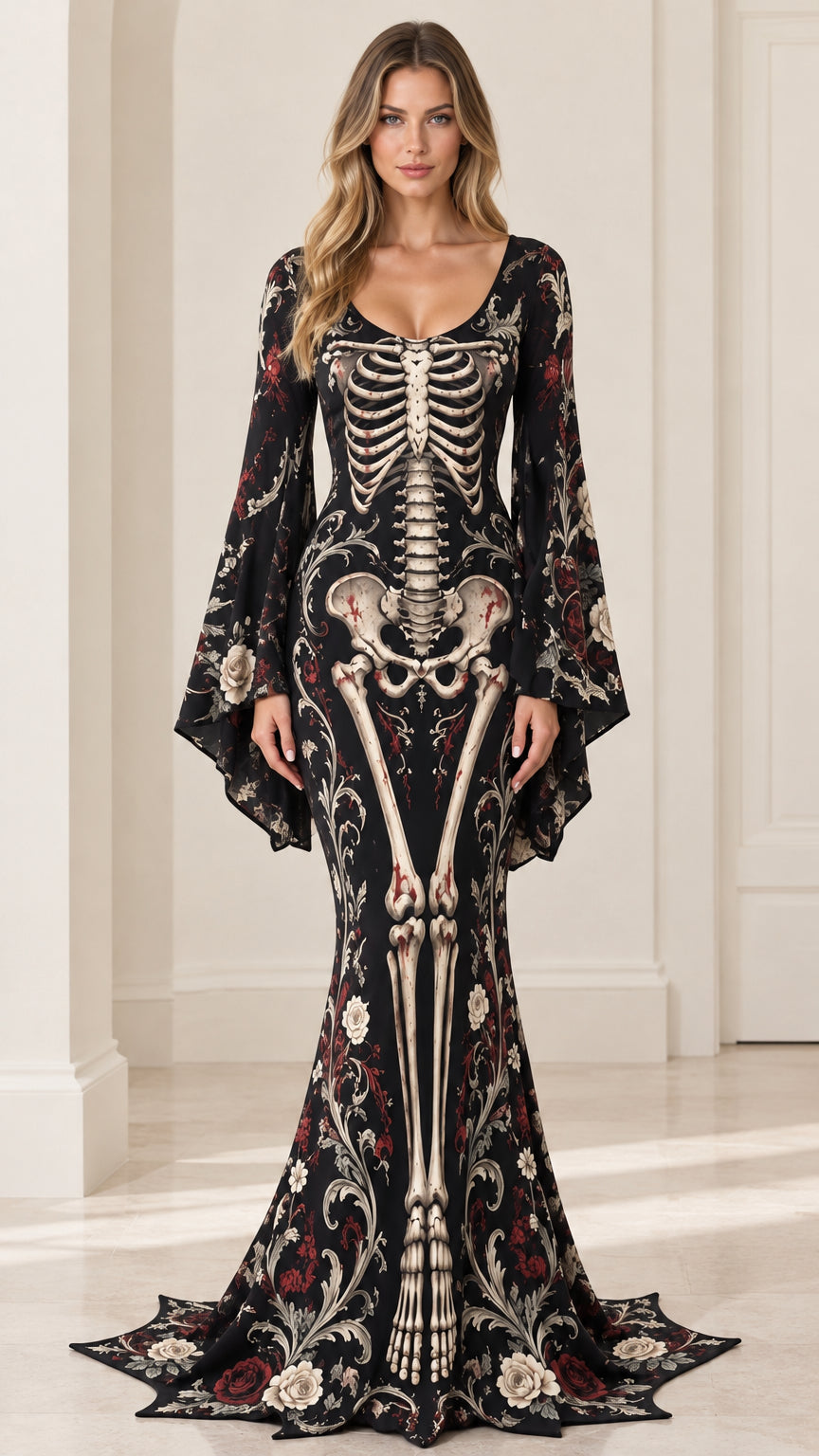 Front view of black gothic skeleton floral bell sleeve mermaid maxi dress
