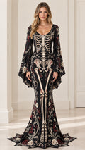 Front view of black gothic skeleton floral bell sleeve mermaid maxi dress
