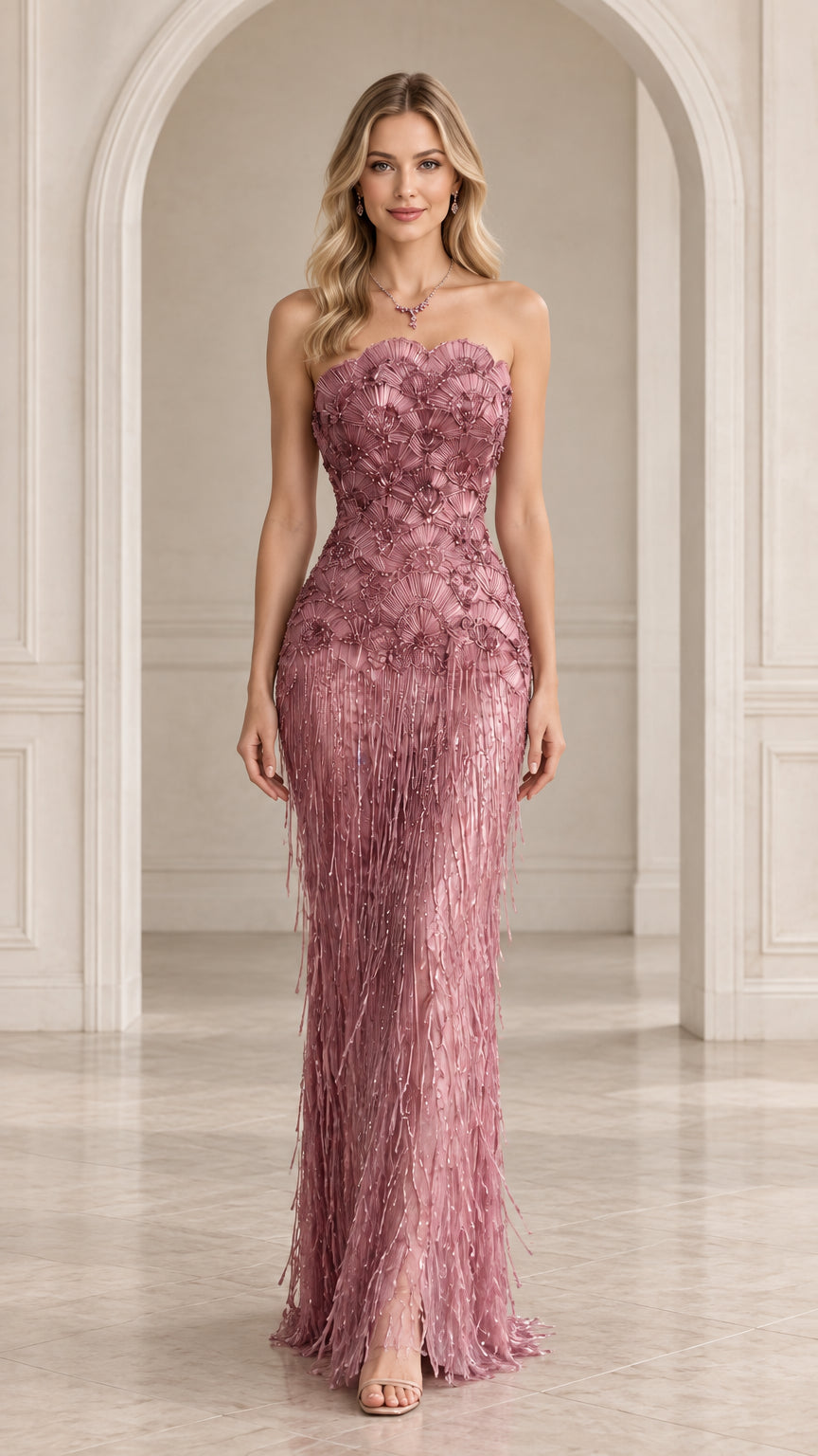 Full front view of strapless dusty rose evening maxi dress with floral appliqué and cascading fringe