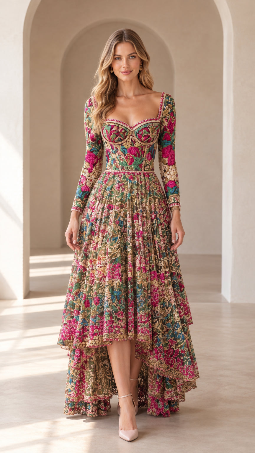 Front full-length view of model wearing champagne floral embroidered high-low evening gown with long sleeves