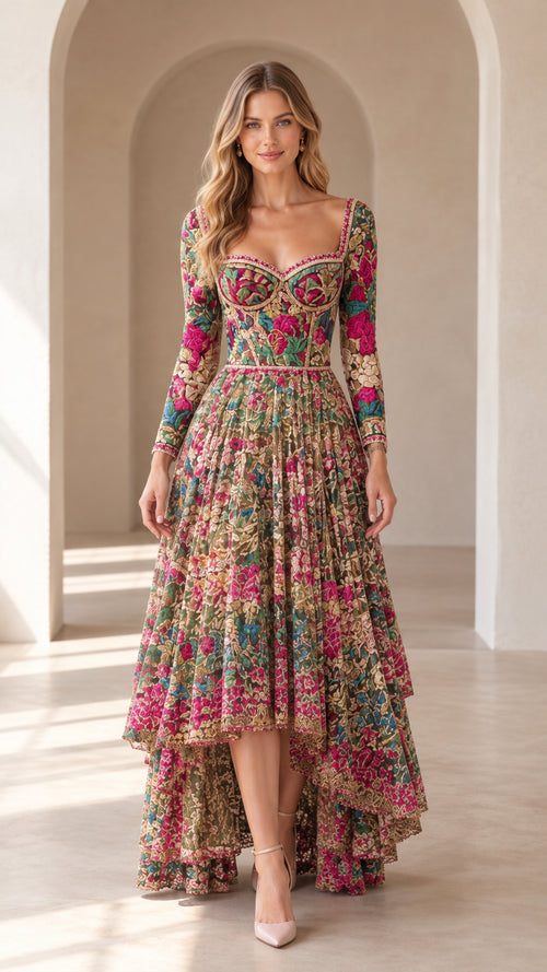 Front full-length view of model wearing champagne floral embroidered high-low evening gown with long sleeves