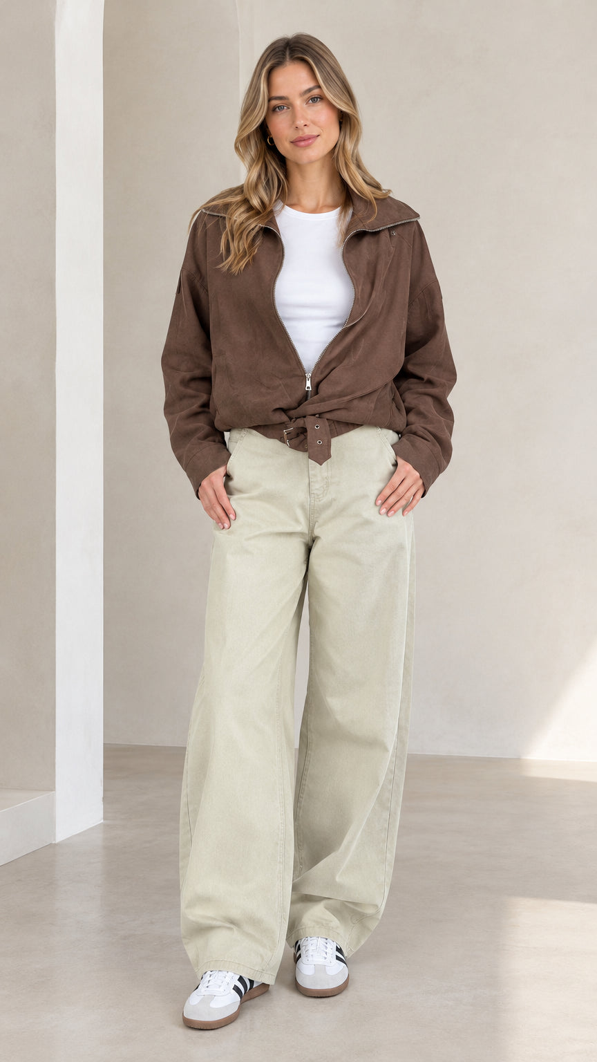 Front full view of woman wearing brown belted zip utility jacket paired with light pants