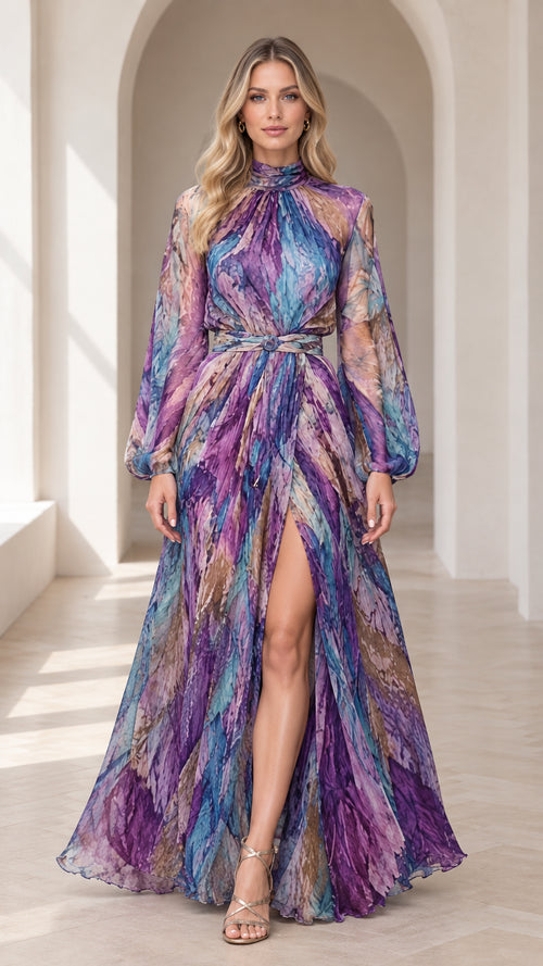Front view of woman wearing purple multicolor abstract print mock neck maxi dress with front slit