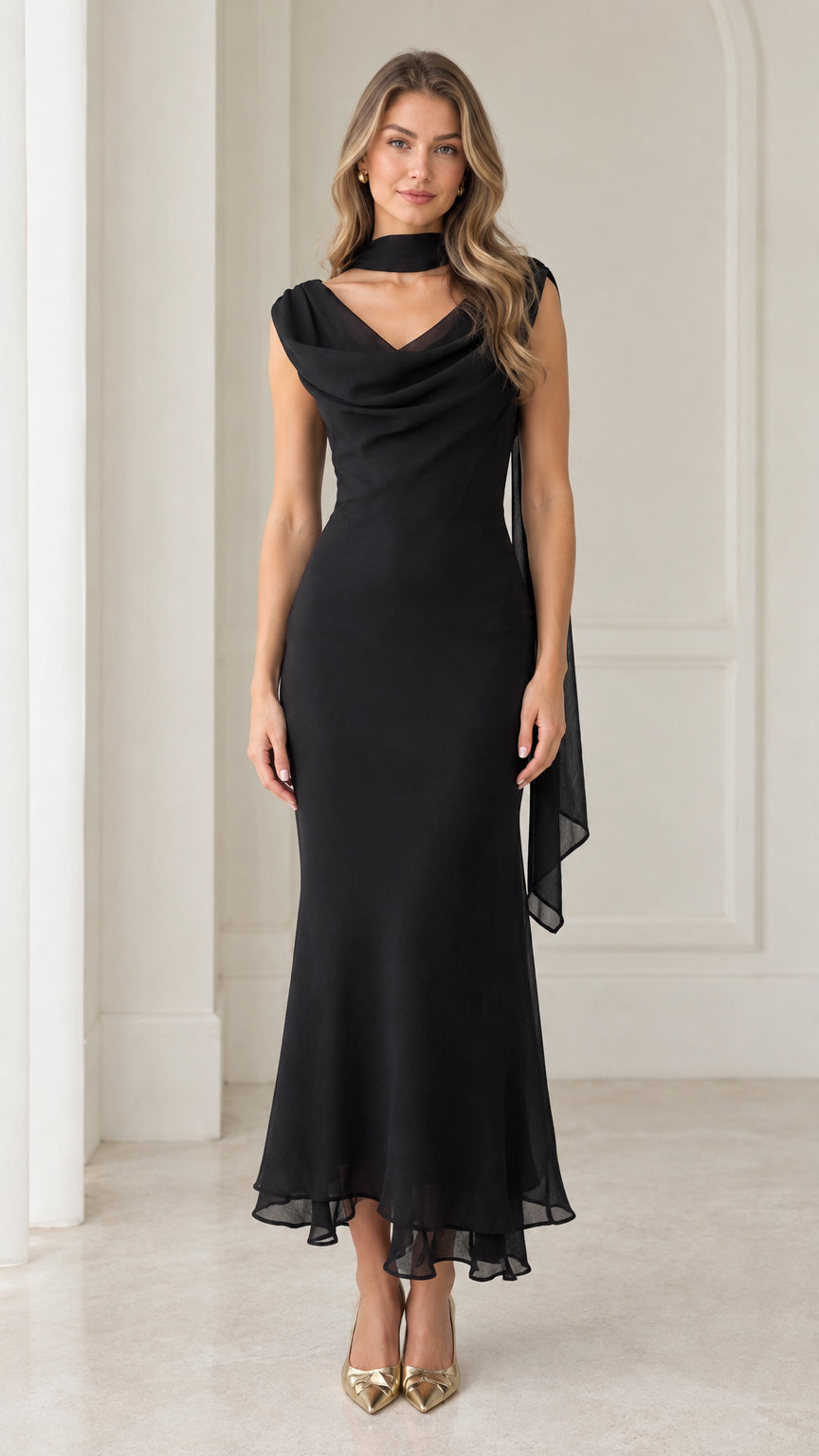 Front full-length view of woman wearing elegant black cowl neck maxi dress with choker drape detail