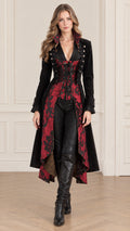 Front view of model wearing black and wine red Victorian jacquard corset tailcoat jacket