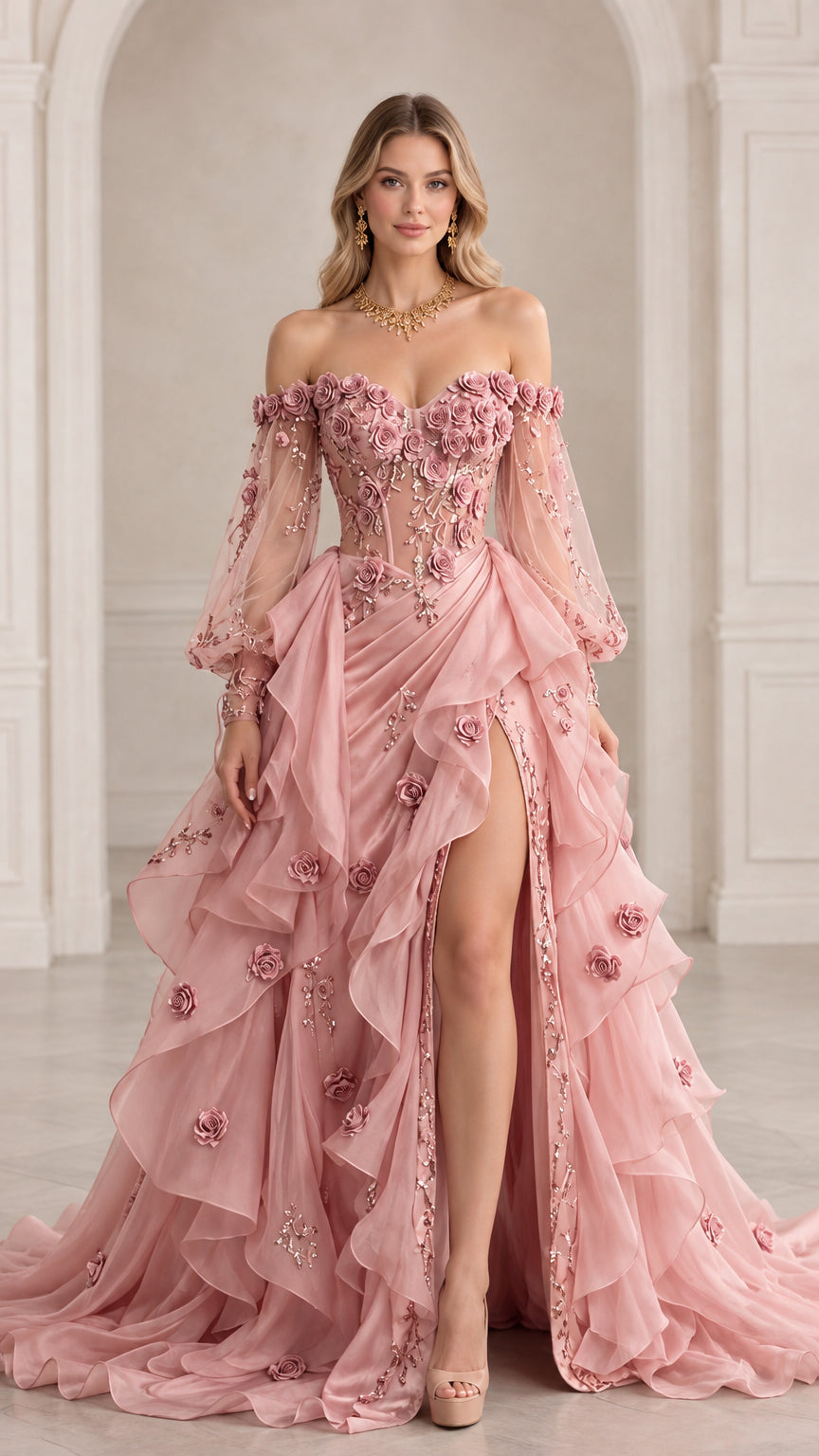 Dusty pink off-the-shoulder corset evening gown with 3D floral appliqués and tiered ruffle slit skirt