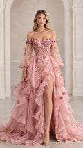 Dusty pink off-the-shoulder corset evening gown with 3D floral appliqués and tiered ruffle slit skirt