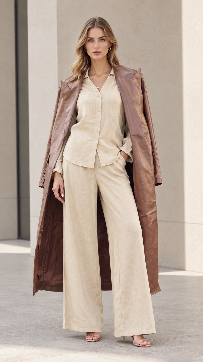 Front view of model wearing a brown longline trench coat with beige button-up shirt and wide-leg trousers