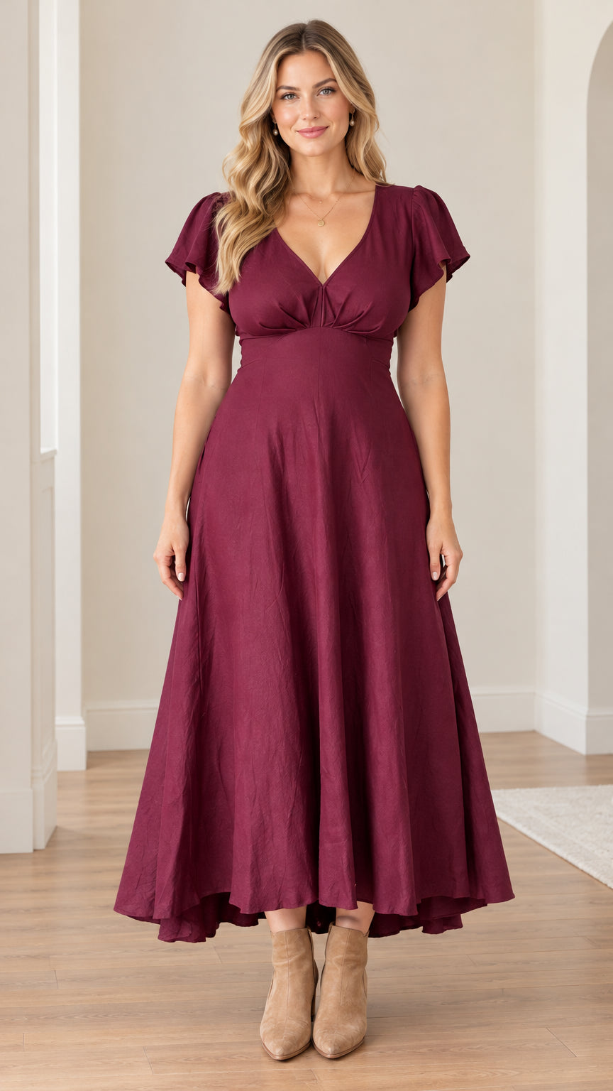 Front view of model wearing a burgundy V-neck flutter sleeve maxi dress