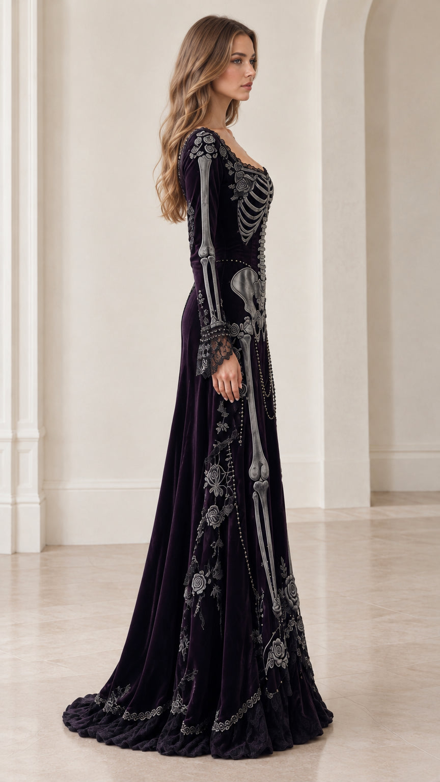 Side profile of deep plum gothic velvet skeleton dress showing sleeve and skirt print details