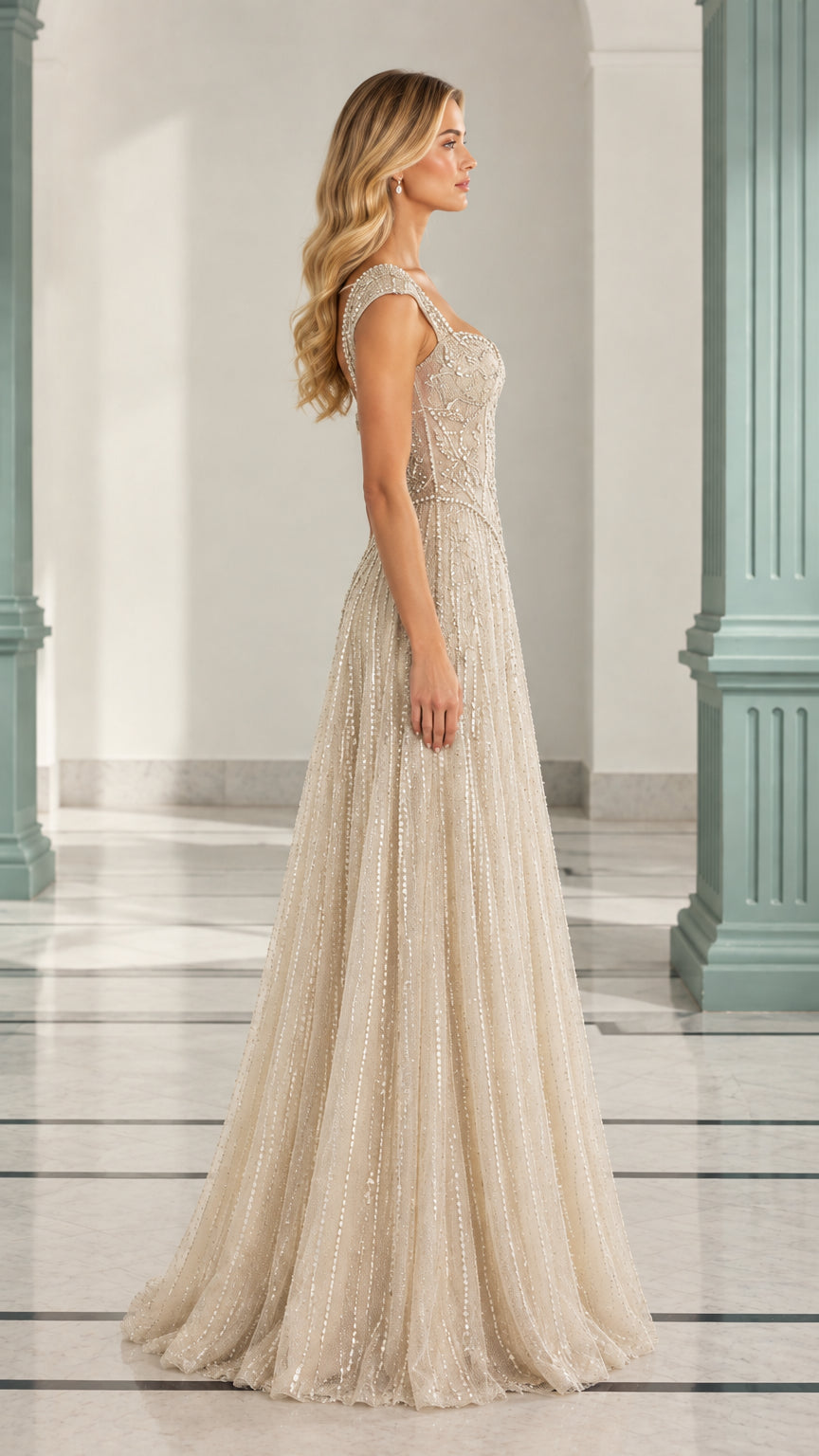 Side profile view of model in Champagne beaded formal gown showcasing fitted bodice and skirt flow