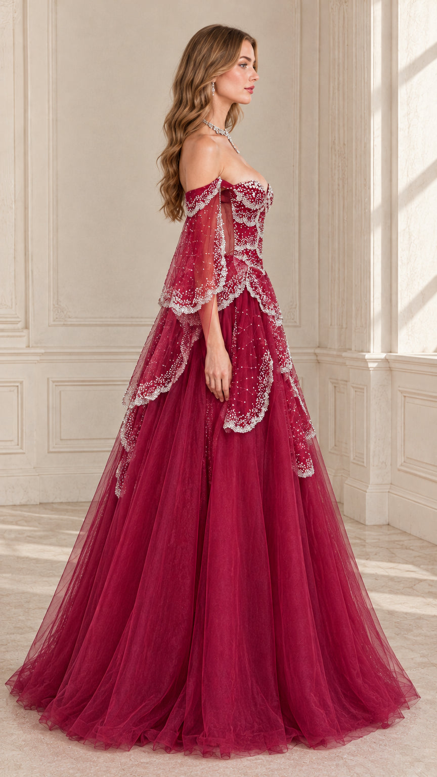 Burgundy off-shoulder beaded evening dress side profile view