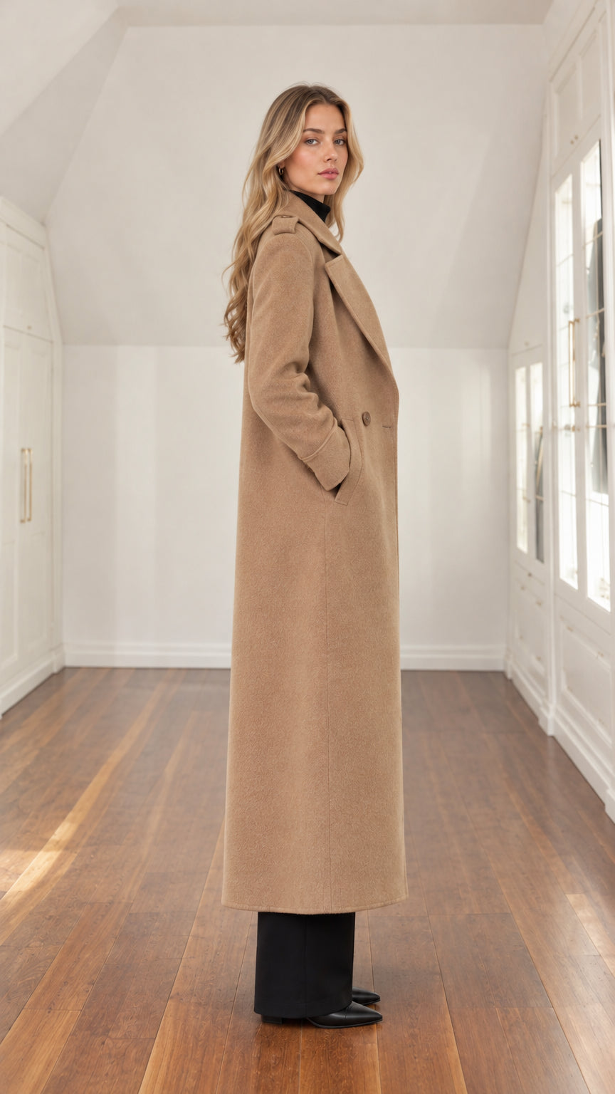 Side profile view of a woman in a full-length camel tailored overcoat with side pocket detail