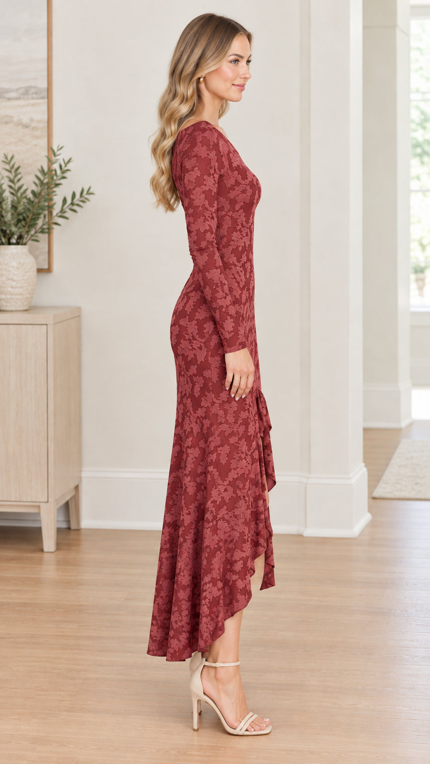 Side profile view of woman modeling Wine Red floral jacquard asymmetric midi dress