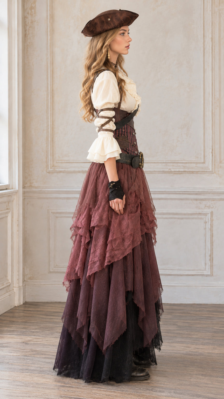 Side full-length view of wine red renaissance pirate costume ensemble