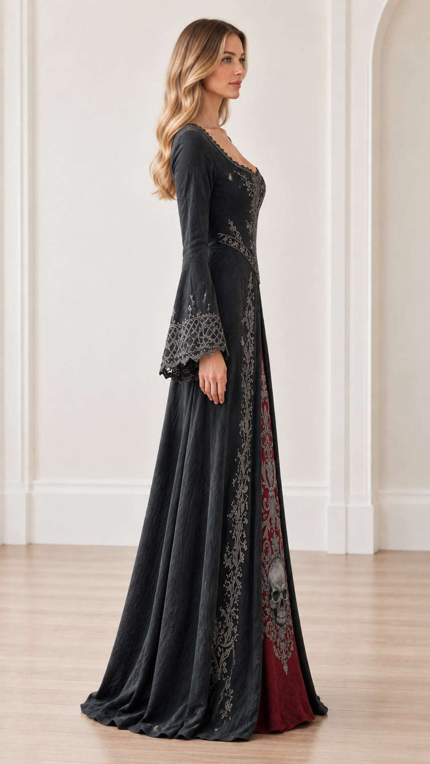 Side three-quarter view of woman wearing black medieval gown with flared trumpet sleeves