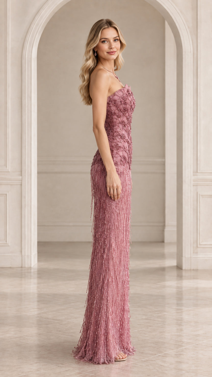 Side profile view of strapless dusty rose fringe column gown