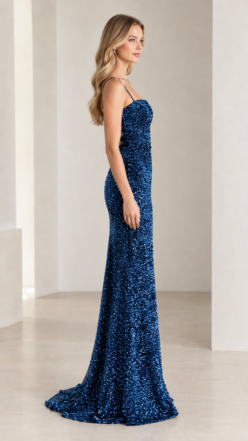 Side profile view of royal blue sequined floor-length formal dress