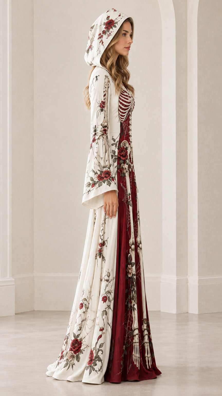 Side angle view of white and burgundy hooded skeleton gown with flared bell sleeves