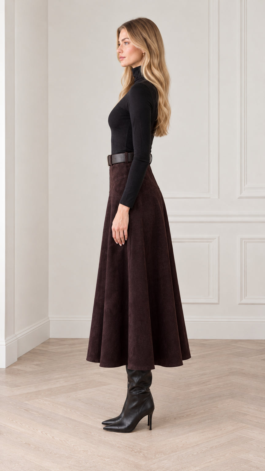 Side profile view of dark brown high-waisted belted midi skirt