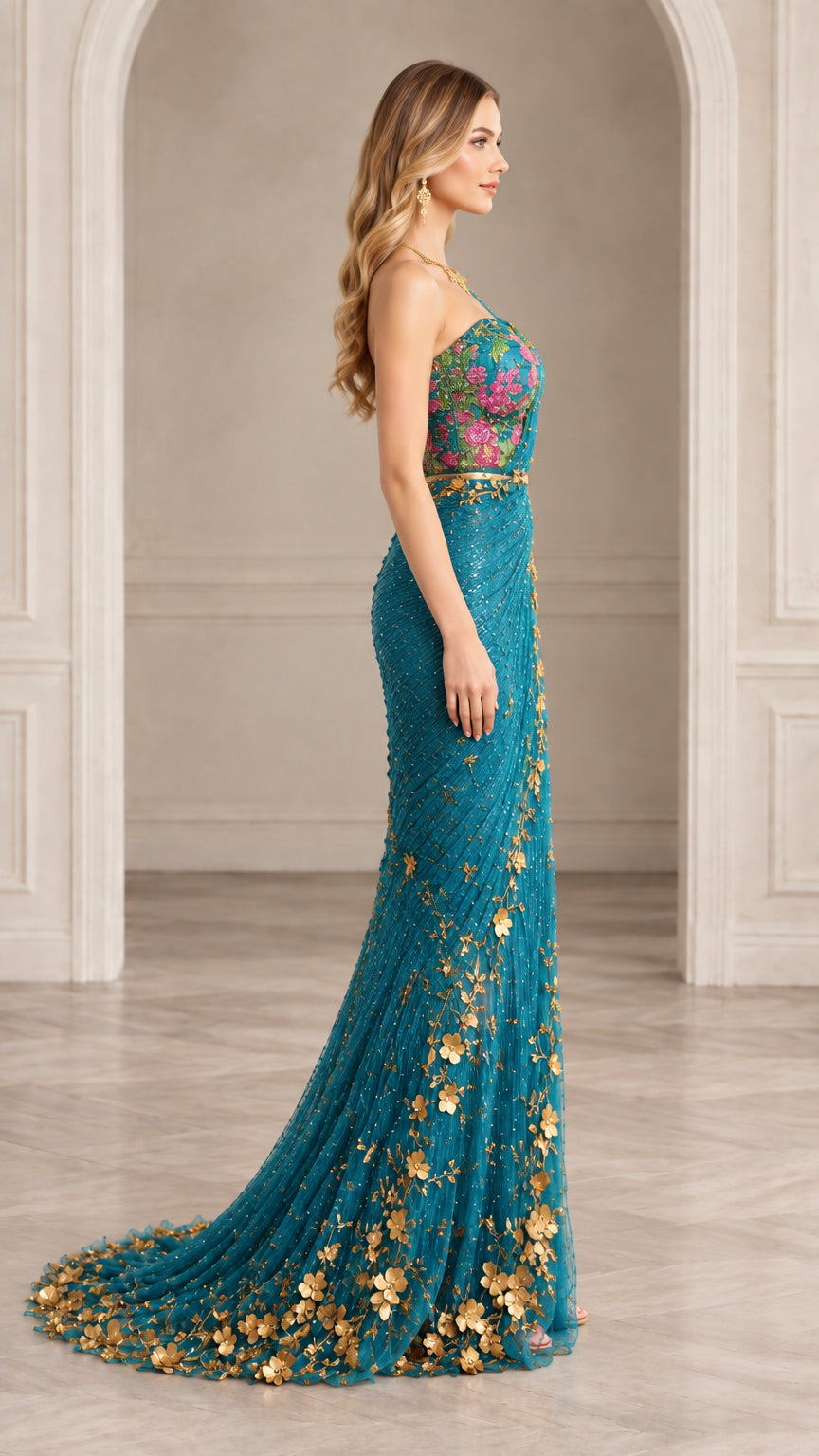 Side profile of model wearing teal embroidered evening dress with train