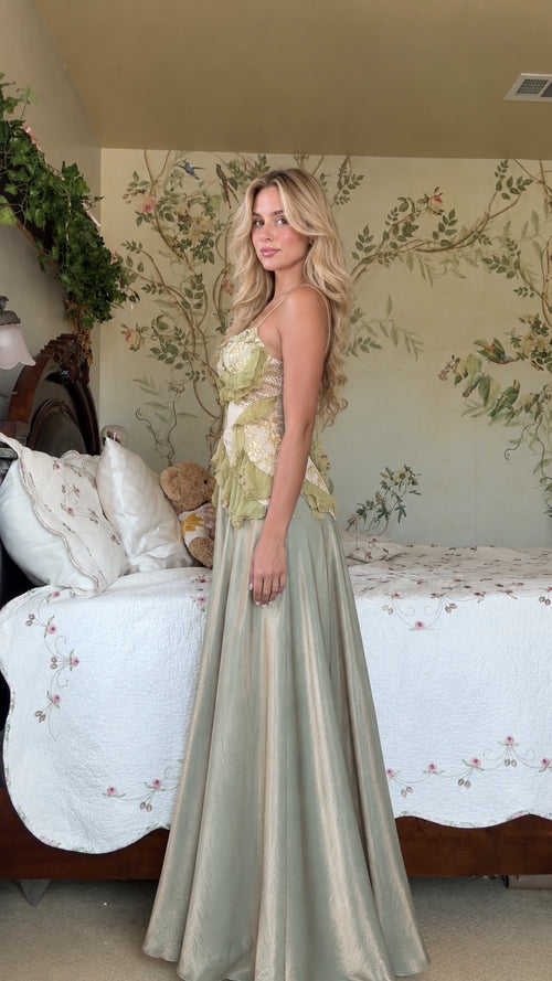 Sage Green floral corset maxi evening gown three-quarter profile view