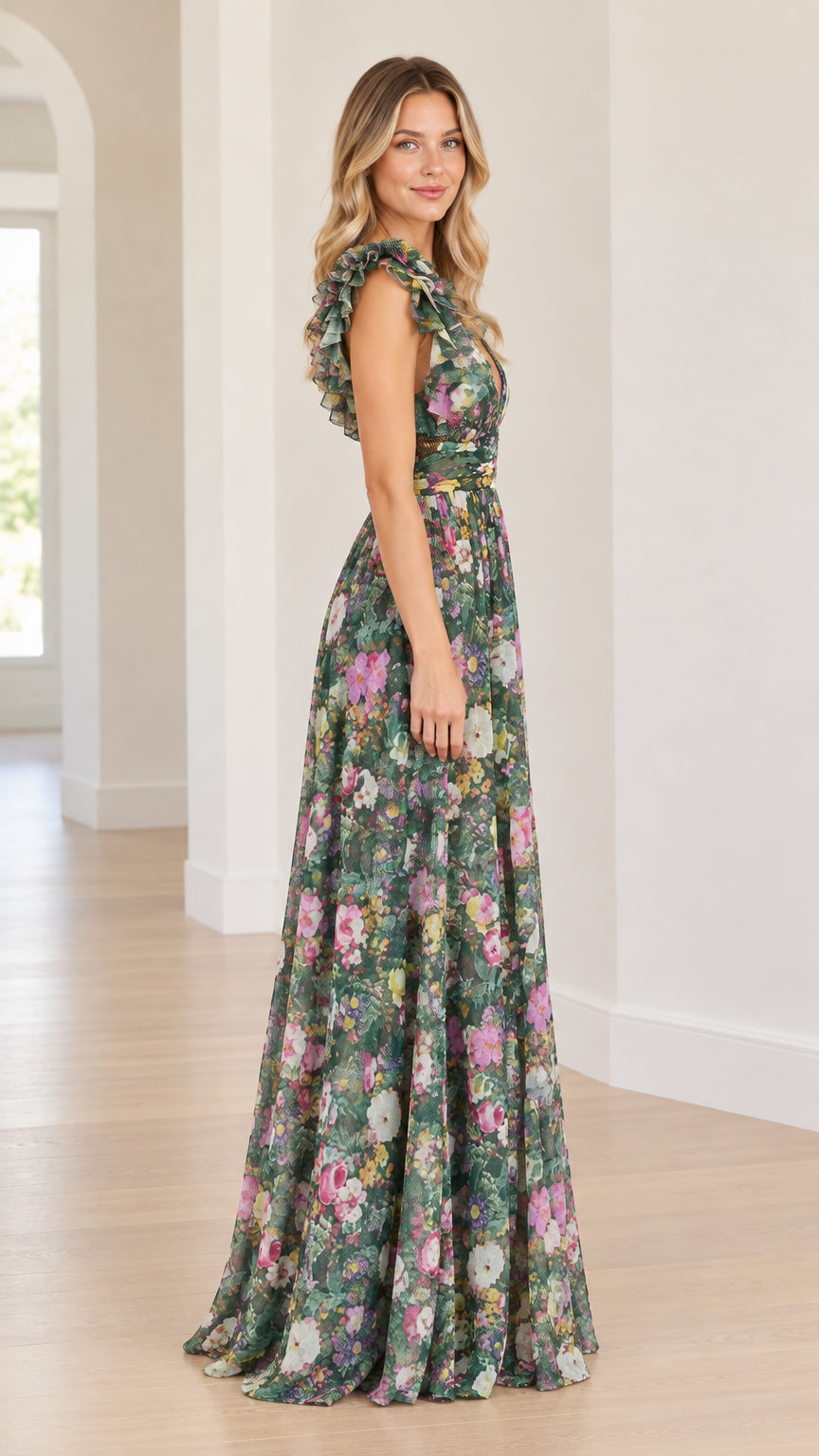Side profile view of green floral ruffle shoulder maxi evening dress showing waist fit
